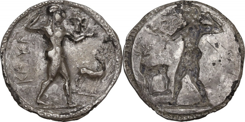 Greek Italy. Bruttium, Kaulonia. AR Nomos, circa 525-500 BC. Obv. ΚΑVΛ. Apollo, ...