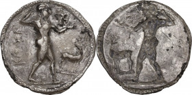 Greek Italy. Bruttium, Kaulonia. AR Nomos, circa 525-500 BC. Obv. ΚΑVΛ. Apollo, nude, walking right, holding laurel branch in upright right hand; smal...