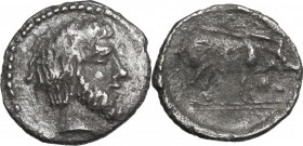 Sicily. Abakainon. AR Litra, 420-410 BC. Obv. Bearded head of Zeus right. Rev. [ABA] Sow standing right; to right, acorn. HGC 2 17; SNG ANS 898. AR. 0...