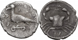 Sicily. Akragas. AR Litra, c. 450/446-439 BC. Obv. Sea eagle standing left on Ionic capital; around, AK-PA. Rev. Crab; below, IΛ (mark of value retrog...