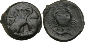 Sicily. Akragas. AE Tetras, 425-410 BC. Obv. [AKPA] Sea eagle on hare right. Rev. Crab; below, three pellets and crayfish. HGC 2 140; CNS I 50. AE. 10...