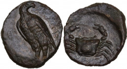 Sicily. Akragas. AE 14 mm. c. 338-317 BC. Obv. Sea eagle standing left, head right. Rev. Crab; [AKPAΓA below]. HGC 2 152; CNS I 113; SNG ANS 1103. AE....