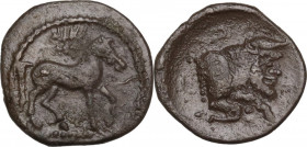 Sicily. Gela. AR Litra, 465-450 BC. Obv. Horse standing right; above, wreath. Rev. Forepart of man-headed bull right. HGC 2 373; SNG ANS 54. AR. 0.79 ...