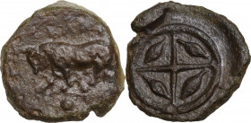 Sicily. Gela. AE Onkia, c. 420-405 BC. Obv. ΓEΛAΣ. Bull left, pellet in exergue. Rev. Wheel of four spokes, barley grain in each quarter. HGC 2 381; C...