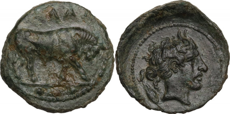 Sicily. Gela. AE Tetras, 420-405 BC. Obv. ΓΕΛΑΣ. Bull right; in exergue, three p...