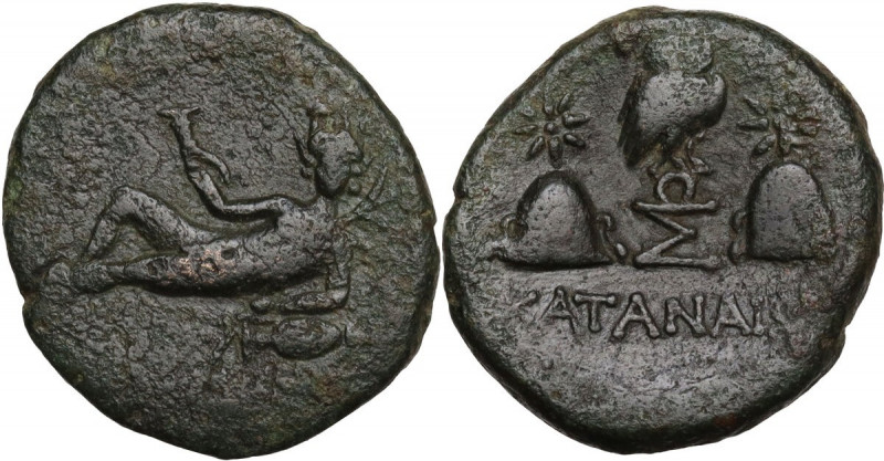 Sicily. Katane. AE 21 mm. late 2nd-1st century BC. Obv. River-god naked, reclini...