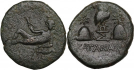 Sicily. Katane. AE 21 mm. late 2nd-1st century BC. Obv. River-god naked, reclining left; in right hand, rython; left elbow resting on amphora. Rev. KA...
