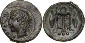 Sicily. Leontini. AE Tetras-Trionkion, c. 405-402 BC. Obv. Head of Apollo left, wearing laurel wreath; ΛEON and olive leaf and berry to left. Rev. Tri...