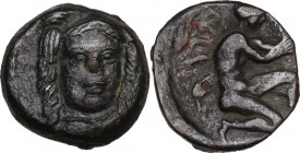 Sicily. Solus. AE 12.5 mm. Carthaginian Occupation, 4th century BC. Obv. Head of Athena facing slightly right, wearing Corinthian helmet. Rev. Warrior...
