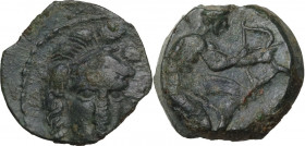 Sicily. Solus. AE 13 mm. Carthaginian Occupation, 4th century BC. Obv. Head of Athena facing slightly right, wearing Corinthian helmet. Rev. Warrior k...