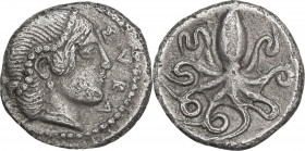 Sicily. Syracuse. Second Democracy (466-405 BC). AR Litra, c. 460-450 BC. Obv. ΣVPA. Diademed head of Arethusa right. Rev. Octopus. SNG ANS 1375; SNG ...
