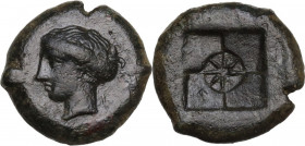 Sicily. Syracuse. Dionysios I (405-367 BC). AE Hemilitron, 405-375 BC. Obv. Head of Arethusa left; behind, E. Rev. Incuse square with four fields; in ...