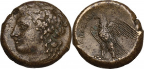 Sicily. Syracuse. Hiketas (287-278 BC). AE 22mm. Obv. Laureate head of Zeus Hellanios left. Rev. [Σ]ΥΡΑΚOΣΥΩΝ. Eagle standing left on thunderbolt. HGC...