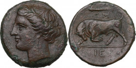 Sicily. Syracuse. Hieron II (274-215 BC). AE 20 mm. c. 275-269/265 BC. Obv. Head of Persephone left, wearing wreath of grain. Rev. Bull butting left; ...