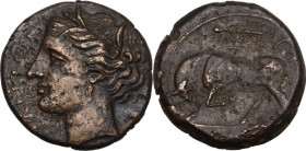 Sicily. Syracuse. Hieron II (274-215 BC). AE 18.5mm, 275-269/265 BC. Obv. Wreathed head of Kore left. Rev. Bull butting left; above, club and Z; [IE] ...