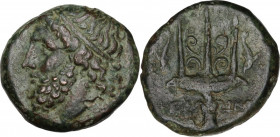 Sicily. Syracuse. Hieron II (274-215 BC). AE 21 mm. c. 240-215 BC. Obv. Diademed head of Poseidon left. Rev. Ornamented trident head flanked by two do...