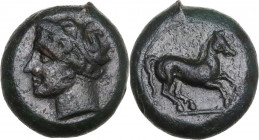 Punic Sicily. AE 15.5 mm. late 4th-early 3rd century BC. Obv. Wreathed head of Tanit left. Rev. Free horse prancing right. SNG Cop. 94. AE. 5.00 g. 15...