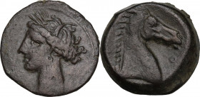 Punic Sicily. AE 19 mm. 300-264 BC. Obv. Head of Tanit-Persephone left, wearing wreath. Rev. Head of horse right; before neck, O. SNG Cop. 151 (Cartha...