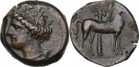 Punic Sardinia. AE 16.5 mm. c. 360-330 BC, uncertain mint. Obv. Wreathed head of Kore left, wearing triple-pendant earring. Rev. Horse standing right;...