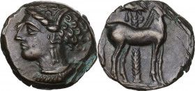 Punic Sardinia. AE 16 mm. c. 360-330 BC, Uncertain mint. Obv. Wreathed head of Kore left, wearing triple-pendant earring. Rev. Horse standing right; i...