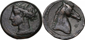 Punic Sardinia. AE 21 mm. c. 300-264 BC, uncertain mint. Obv. Wreathed head of Kore left, wearing triple-pendant earring. Rev. Horse's head right; bef...