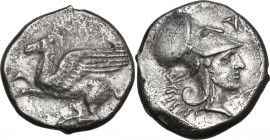 Continental Greece. Epeiros, Ambrakia. AR Stater, c. 360-338 BC. Obv. Pegasos flying left. Rev. Helmeted head of Athena right; A above, palmette behin...