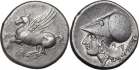 Continental Greece. Akarnania, Thyrreium. AR Stater, 320-280 BC. Obv. Pegasos flying left; below, Θ. Rev. Head of Athena left, wearing Corinthian helm...