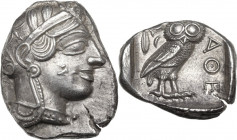 Continental Greece. Attica, Athens. AR Tetradrachm, c. 454-404 BC. Obv. Helmeted head of Athena right, with frontal eye. Rev. Owl standing right, head...