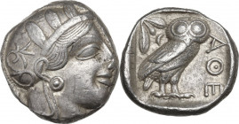 Continental Greece. Attica, Athens. AR Tetradrachm, c. 454-404 BC. Obv. Helmeted head of Athena right, with frontal eye. Rev. Owl standing right, head...