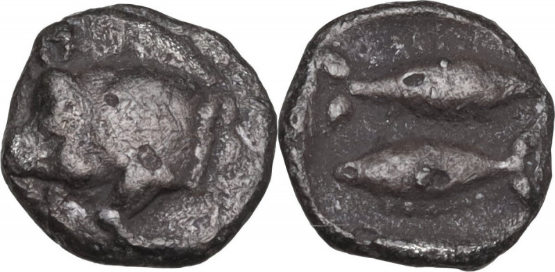 Greek Asia. Mysia, Kyzikos. AR Hemiobol, c. 450-400 BC. Obv. Forepart of boar le...