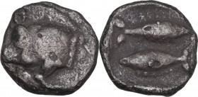 Greek Asia. Mysia, Kyzikos. AR Hemiobol, c. 450-400 BC. Obv. Forepart of boar left. Rev. Two tunny fish in opposite directions, one atop the other. SN...