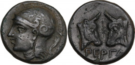 Greek Asia. Mysia, Pergamon. AE 17 mm. c. 310-282 BC. Obv. Helmeted and laureate head of Athena left. Rev. ΠEΡΓA. Confronted heads of bulls. SNG BN 15...