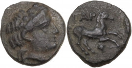 Greek Asia. Troas, Gargara. AE 8 mm, 420-400 BC. Obv. Head of Apollo right, laureate. Rev. Horse galloping right; below, bunch of grapes. SNG Cop. 330...