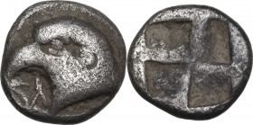 Greek Asia. Aeolis, Kyme. AR Hemiobol, c.480-450 BC. Obv. Head of eagle left; before, KY (retrograde K, inverted Y). Rev. Mill-sail quadripartite incu...