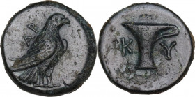 Greek Asia. Aeolis, Kyme. AE 11 mm, 350-210 BC. Obv. Eagle standing right; behind, AP. Rev. K - I. Vase with one handle. SNG Cop. 44-5. AE. 1.20 g. 11...