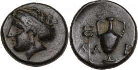 Greek Asia. Aeolis, Larissa Phrikonis. AE 9.5 mm. 4th century BC. Obv. Female head left, hair bound in sphendone. Rev. Λ-Λ(sic)-P[I]. Amphora; caduceu...