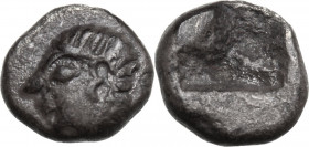 Greek Asia. Ionia, Kolophon. AR Tetartemorion, 530-500 BC. Obv. Head of Apollo left. Rev. Incuse square with four fields. SNG Kayhan 342. AR. 0.40 g. ...