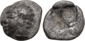 Greek Asia. Ionia, Kolophon. AR Tetartemorion, 530-500 BC. Obv. Head of Apollo left. Rev. Incuse square with four fields. SNG Kayhan 342. AR. 0.16 g. ...