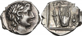 Greek Asia. Lycia, Phaselis. AR Drachm, “Pseudo-Lycian League” issue, c. 84-77 BC. Obv. Laureate head of Apollo right; bow and quiver over shoulder. R...