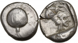 Greek Asia. Pamphylia, Side. AR Stater, c. 430-400 BC. Obv. Pomegranate. Rev. Helmeted head of Athena right; olive branch before; all within incuse sq...