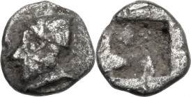 Greek Asia. Asia Minor, uncertain mint. AR Tetartemorion, 520-500 BC. Obv. Head left, wearing Corinthian helmet. Rev. Incuse square. cf. Savoca, 6th b...