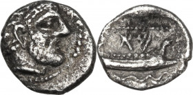 Greek Asia. Phoenicia, Arados. AR Obol, c. 380-350 BC. Obv. Laureate head of Ba‘al-Arwad right. Rev. Galley sailing right over waves; above, Phoenicia...