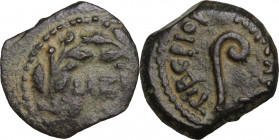 Greek Asia. Judaea. Pontius Pilatus (26-36 AD). AE Prutah in the name of Tiberius, Jerusalem mint. Obv. LIZ within wreath. Rev. TIBЄPIOY KAICAPOC. Lit...