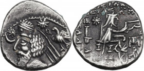 Greek Asia. Kings of Parthia. Phraates IV (c. 38-32 BC). AR Drachm. Mithradatkart mint. Obv. Diademed bust left; star-in-crescent to left; to right, e...