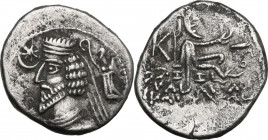 Greek Asia. Kings of Parthia. Phraatakes (c. 2 BC-4 AD). AR Drachm. Mithradatkart mint. Obv. Diademed bust left; star-in-crescent to left; to right, N...