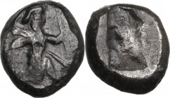 Greek Asia. Persia, Achaemenid Empire. Darios I to Xerxes II (c. 485-420 BC). AR Siglos. Obv. Persian emperor in kneeling-running stance right, holdin...