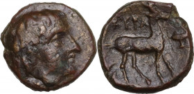 Africa. Kyrenaica, Kyrene. Second Revolt of the Kyrenaikans. AE Sixteenth Unit, c. 305-300 BC. Obv. Head of Libya right. Rev. KYPA. Gazelle standing r...