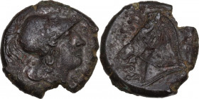 Anonymous. AE Half Unit, Neapolis mint(?), after 276 BC. Obv. Helmeted head of Minerva right; to right, ROMANO; to left, [star]. Rev. Horse's head lef...