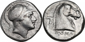 AR Didrachm, c. 241-235 BC. Obv. Helmeted head of beardless Mars right. Rev. Bridled horse's head right; behind, sickle; beneath, ROMA. Cr. 25/1; HN I...