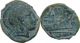 Semilibral series. AE Quartuncia, 217-215 BC. Obv. Helmeted head of Roma right. Rev. ROMA. Prow right. Cr. 38/8. AE. 1.71 g. 15.00 mm. Sharply struck,...